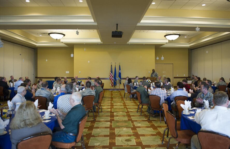 Lt. Col. Merrick Green, the commander of the 505th Combat Training Squadron, speaks during the Blue Flag exercise 40th anniversary luncheon at Hurlburt Field, Fla., Dec. 13, 2016. Blue Flag provides doctrinally correct air, space, and cyberspace crisis action planning. (U.S. Air Force photo by Airman 1st Class Joseph Pick)