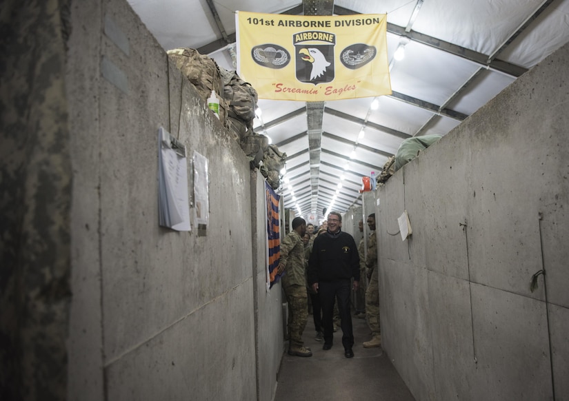 Defense Secretary Ash Carter tours the living quarters of troops serving at Qayyarah Airfield West, Iraq, Dec. 11, 2016. DoD photo by Air Force Tech. Sgt. Brigitte N. Brantley