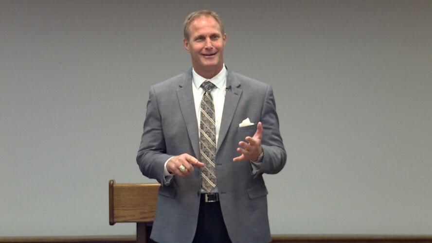 Former Cowboy football player and A-10 pilot, Chad Hennings, speaks to nearly 60 leaders from across the Air Force at the Profession of Arms Center of Excellence summit, Dec. 7-8. The Air Force Academy graduate spoke about his perspectives on excellence, character and having a strong identity. The summit gave participants an opportunity to collaborate and learn about what the major commands are doing to institutionalize professionalism within the Air Force. (Courtesy photo)