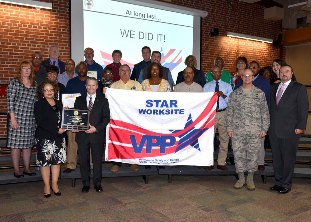Defense Supply Center Richmond, Virginia, was recognized by the Occupational Safety and Health Administration as a Star Worksite in safety under OSHA’s Voluntary Protection Program Dec. 12, 2016 in a ceremony in the Frank Lotts Conference Center on the installation.  The OSHA VPP recognizes employers and workers in federal agencies and in private industry who have implemented effective safety and health management systems and maintain injury and illness rates below national Bureau of Labor Statistics averages for the respective industries.