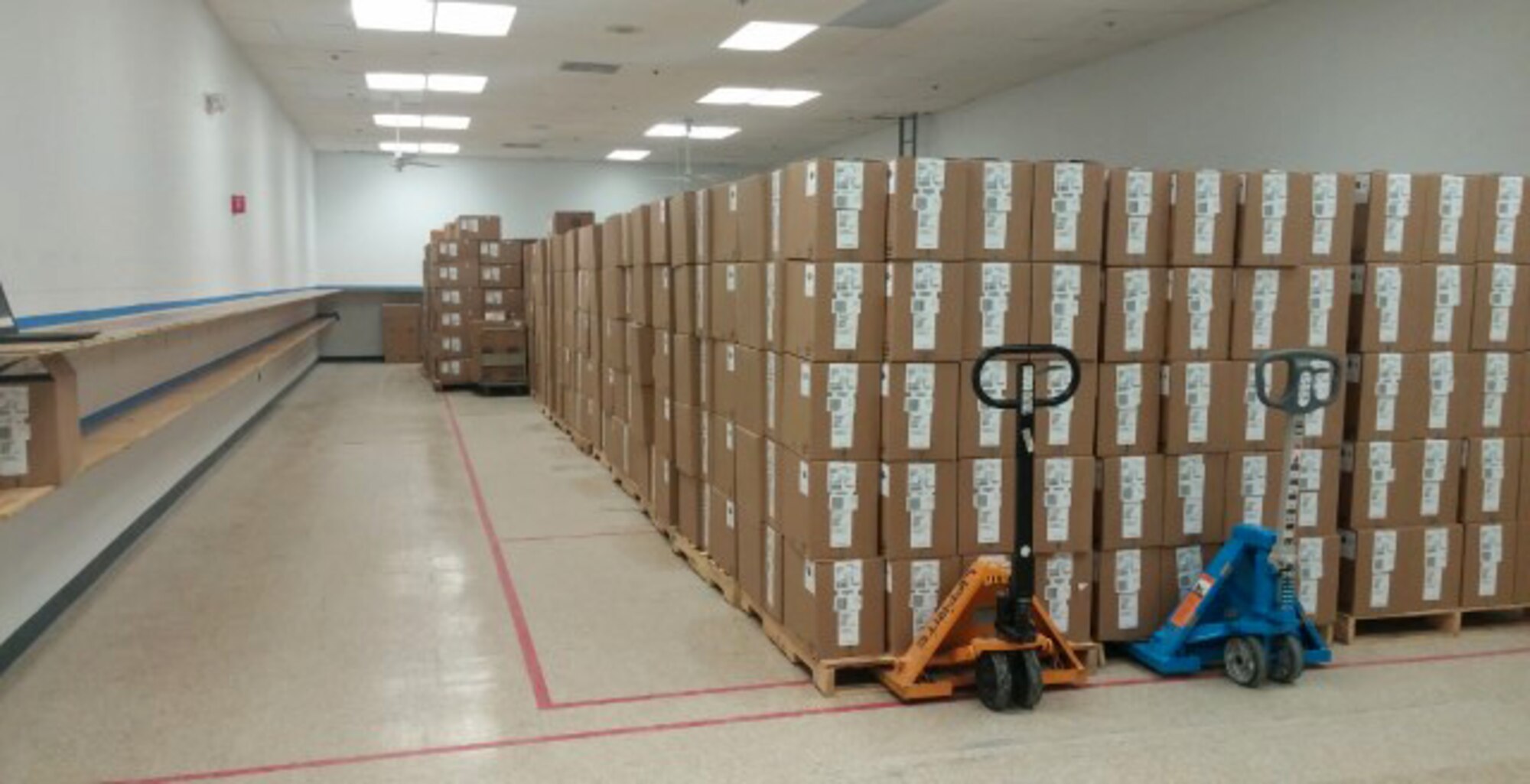 New information technology assets are stored in a repurposed staging area at MacDill Air Force Base, Fla., Dec. 8, 2016. More than 2,000 machines have been delivered to MacDill in preparation for a technology refresh. (Courtesy Photo)