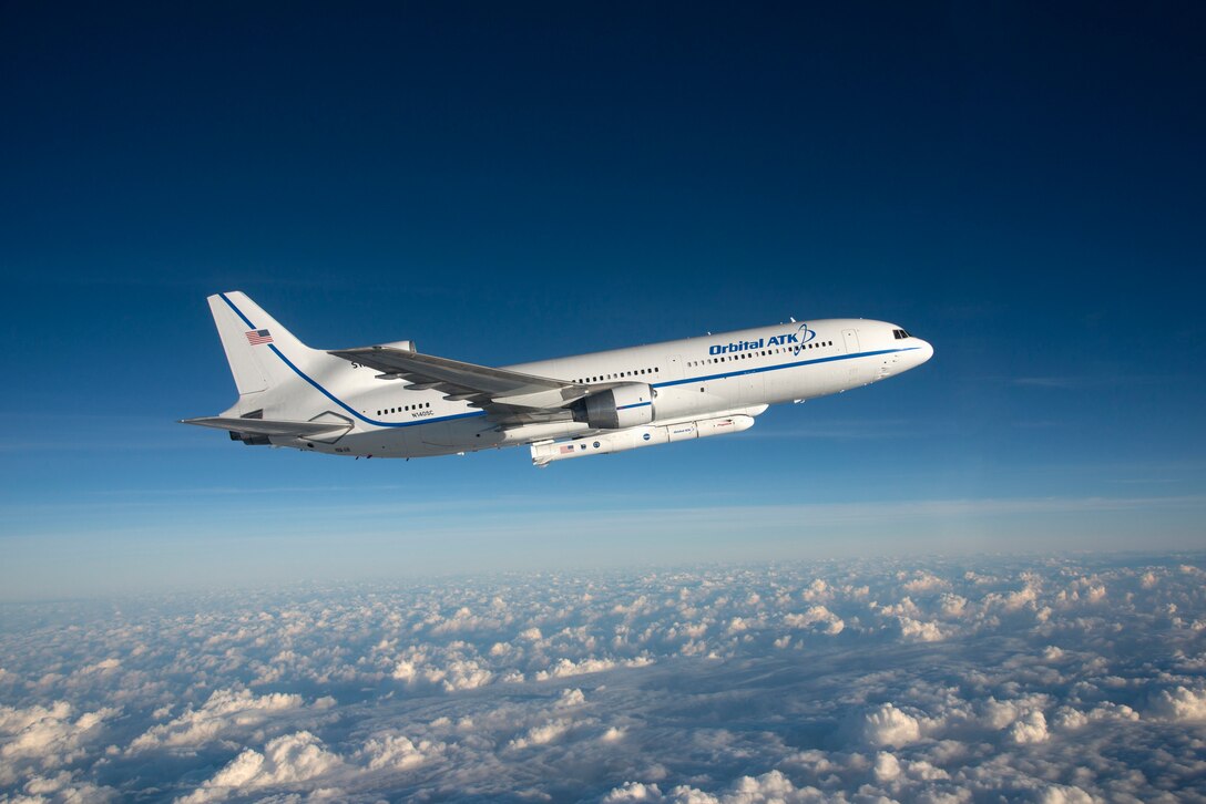 The Orbital ATK L-1011 Stargazer aircraft flies over the Atlantic Ocean carrying the Pegasus XL rocket with eight Cyclone Global Navigation Satellite System spacecraft. The 45th Space Wing supported Orbital ATK’s successful rocket launch Dec. 15 at 8:37 a.m. from the L-1011 carrier aircraft which took off from the Skid Strip at Cape Canaveral Air Force Station, Fla. According to NASA, CYGNSS satellites will make frequent and accurate measurements of ocean surface winds throughout the life cycle of tropical storms and hurricanes. The data that CYGNSS provides will enable scientists to probe key air-sea interaction processes that take place near the core of storms, which are rapidly changing and play a crucial role in the beginning and intensification of hurricanes. (Courtesy photo by NASA/Lori Losey)