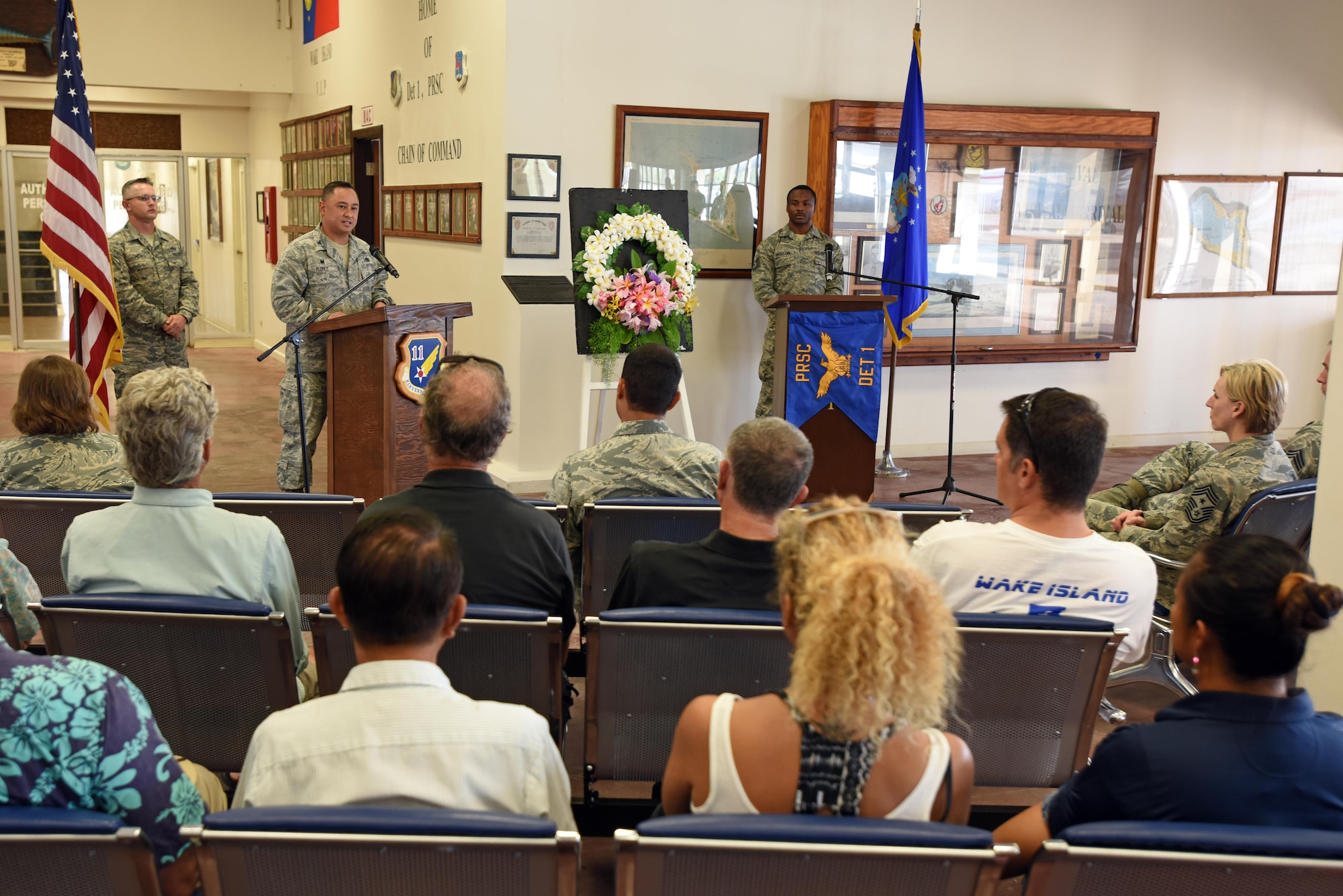 WAKE ISLAND ATOLL-- U.S. Air Force Col. Frank Flores, Pacific Air Forces Regional Support Center commander, speaks to attendees during the Battle of Wake Island 75th anniversary ceremony. The Battle of Wake Island occured just a few hours after the attack on Pearl Harbor, Hawaii, on Dec. 7, 1941. "We honor those brave souls who were lost and those who suffered tremendously," Flores said. "We carry on the tradition of service, dedication and courage through our actions on this island today." (U.S. Air Force photo/Tech. Sgt. John Gordinier)