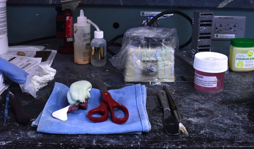 An impression of a patient’s teeth is shown encased in dental stone in the dental laboratory Dec. 5, 2016, at Malmstrom Air Force Base, Mont. Dental stone takes the shape of the impression mold as a representation of the patient’s teeth to get the correct sizing of each tooth. (U.S. Air Force photo/Senior Airman Jaeda Tookes)