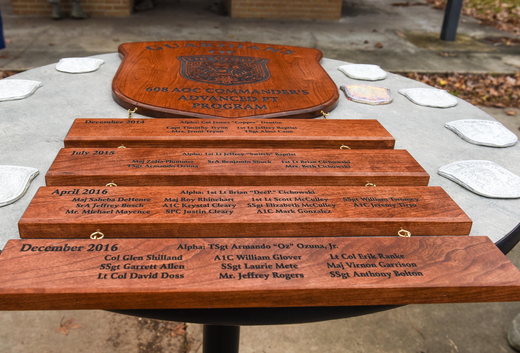 The names of Airmen assigned to the 608th Air Operations Center are displayed on a “Guardians of the Pride” Commander’s Advanced PT Program plaque at Barksdale Air Force Base, La., Dec. 12, 2016. The volunteer-based commander’s 90-day PT program requires participants to complete 3,000 push-ups, 3,000 sit-ups, run/walk 120 miles and complete a 6.08-mile ruck march. (U.S. Air Force photo by Senior Airman Luke Hill)