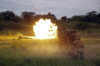 Marines with Special Purpose Marine Air-Ground Task Force Crisis Response-Africa stand in a stack behind a blast blanket, alongside soldiers with an African partner nation, as an explosion destroys a concrete wall during training, Nov. 23, 2016. Marines with SPMAGTF-CR-AF taught classes and participated in practical application exercises to enhance both nations’ logistics and engineering capabilities during the nine-week training mission. 