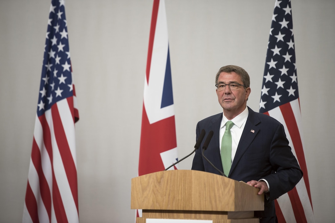 Defense Secretary Ash Carter speaks during a joint news conference with British Defense Secretary Michael Fallon in London following a meeting of defense ministers whose countries are participating in the campaign to defeat the Islamic State of Iraq and the Levant, Dec. 15, 2016. DoD photo by Air Force Tech. Sgt. Brigitte N. Brantley