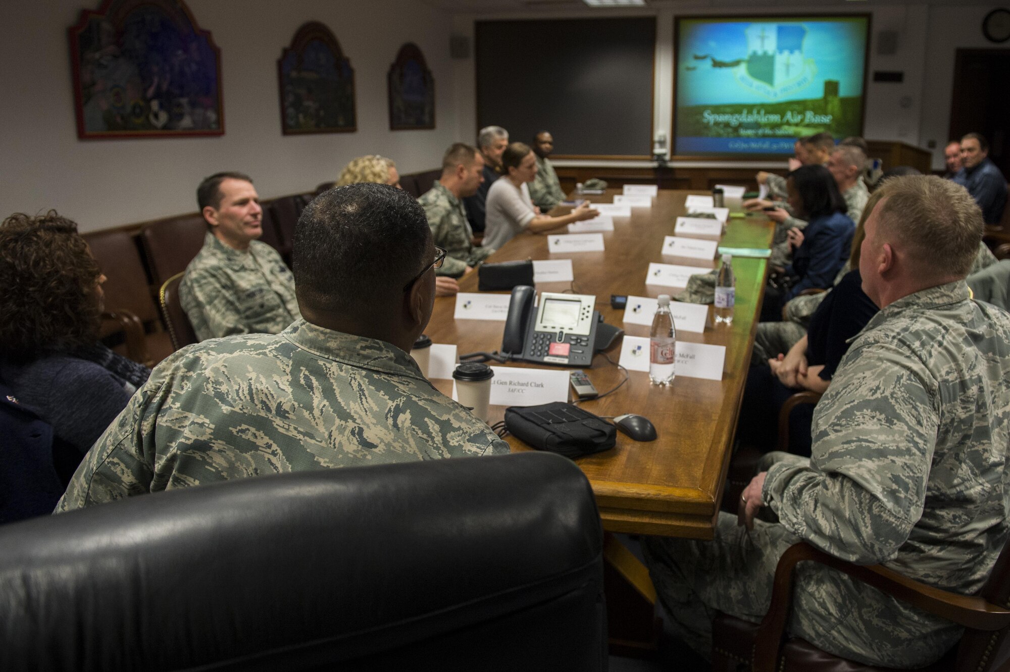 U.S. Air Force Lt. Gen. Richard Clark, 3rd Air Force and 17th Expeditionary Air Force commander, center left, receives a wing mission brief about the 52nd Fighter Wing during a base familiarization tour at Spangdahlem Air Base, Dec. 14, 2016. The general received a look at the base which earned
the 2016 Commander-in-Chief’s Installation Excellence Award. (U.S. Air Force photo by Airman 1st Class Preston Cherry)