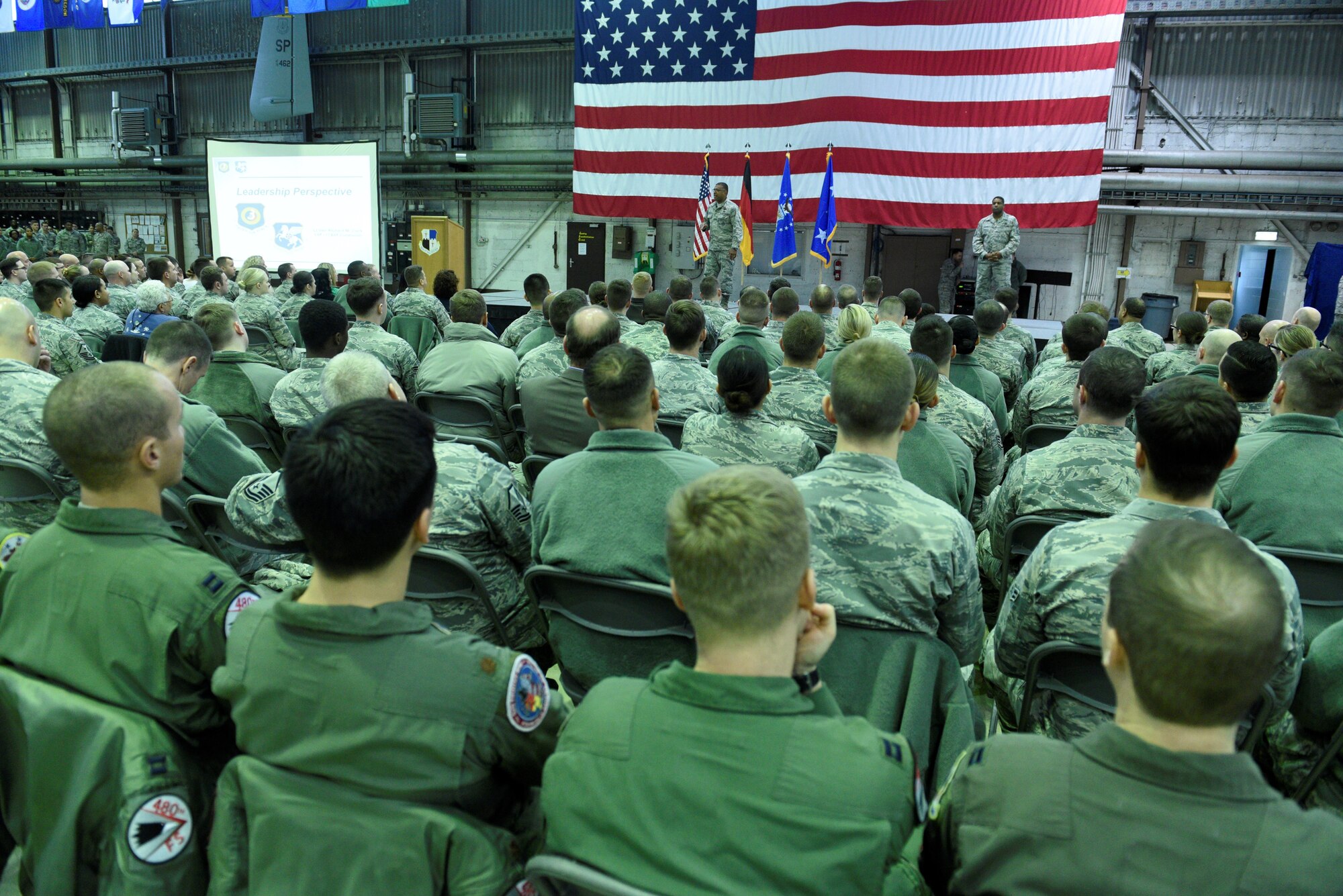 Lt. Gen. Richard Clark, 3rd Air Force and 17th Expeditionary Air Force commander, talks about his priorities during an all call at Hangar One on Spangdahlem Air Base, Germany, Dec. 14, 2016. This visit represented his first time at Spangdahlem Air Base since assuming command in October 2016. (U.S. Air Force photo by Staff Sgt. Jonathan Snyder)