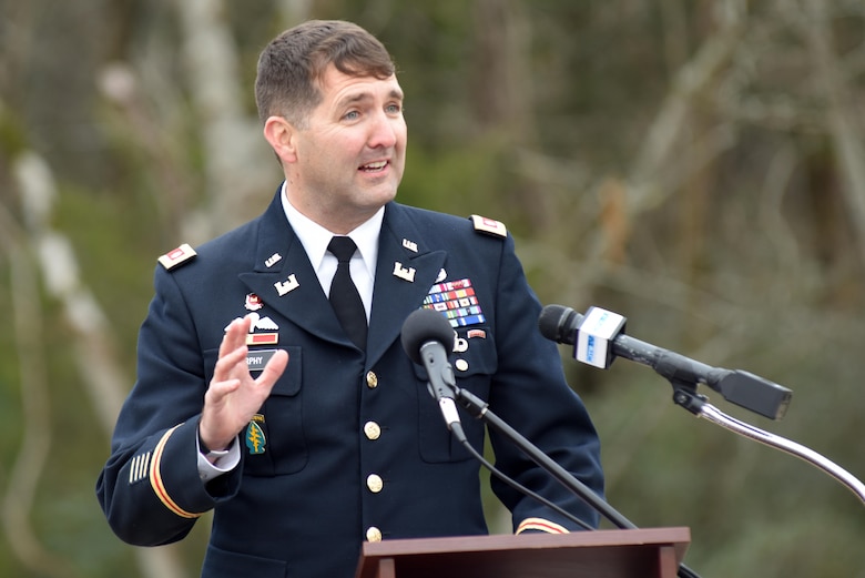 Lt. Col. Stephen Murphy, U.S. Army Corps of Engineers Nashville District commander, addresses attendees celebrating the completion of the North Murfreesboro Greenway Project during a ribbon cutting with the city of Murfreesboro, Tenn., Dec. 14, 2016.