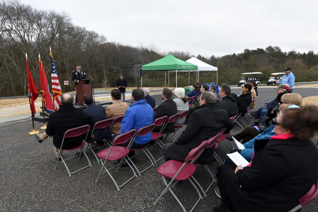 Lt. Col. Stephen Murphy, U.S. Army Corps of Engineers Nashville District commander, addresses attendees celebrating the completion of the North Murfreesboro Greenway Project during a ribbon cutting with the city of Murfreesboro, Tenn., Dec. 14, 2016.