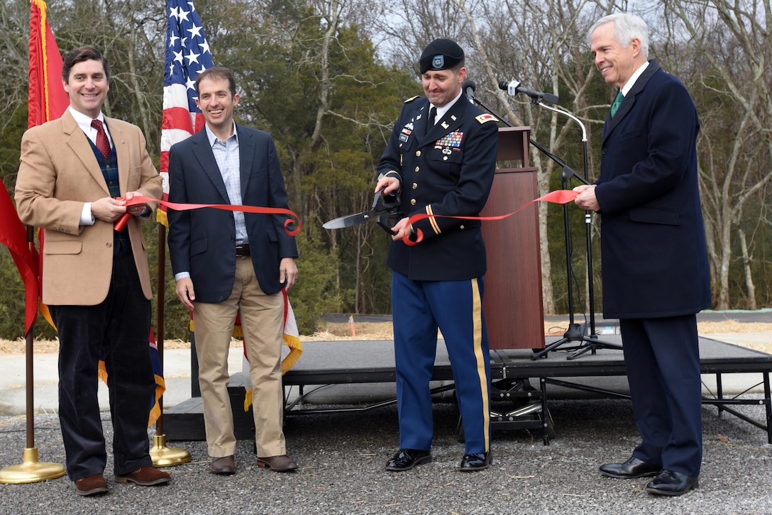 (Left to Right) D. Edwin Jernigan, Murfreesboro Parks and Recreation Commission chairman; Murfreesboro Mayor Shane McFarland; Lt. Col. Stephen Murphy, U.S. Army Corps of Engineers Nashville District commander; and former Tennessee District 6 Congressman Bart Gordon cut a ribbon to celebrate the completion of the North Murfreesboro Greenway Project during a ceremony Dec. 14, 2016 in Murfreesboro, Tenn.