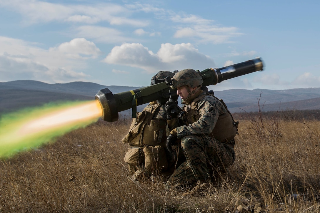 Marines fire an FGM-148 Javelin missile during live-fire training as part of Platinum Lion, a training exercise at the Novo Selo Training Area, Bulgaria, Dec. 15, 2016. The exercise brought together eight NATO allies and partner nations to strengthen security and regional defenses in Eastern Europe. Marine Corps photo by Sgt. Michelle Reif