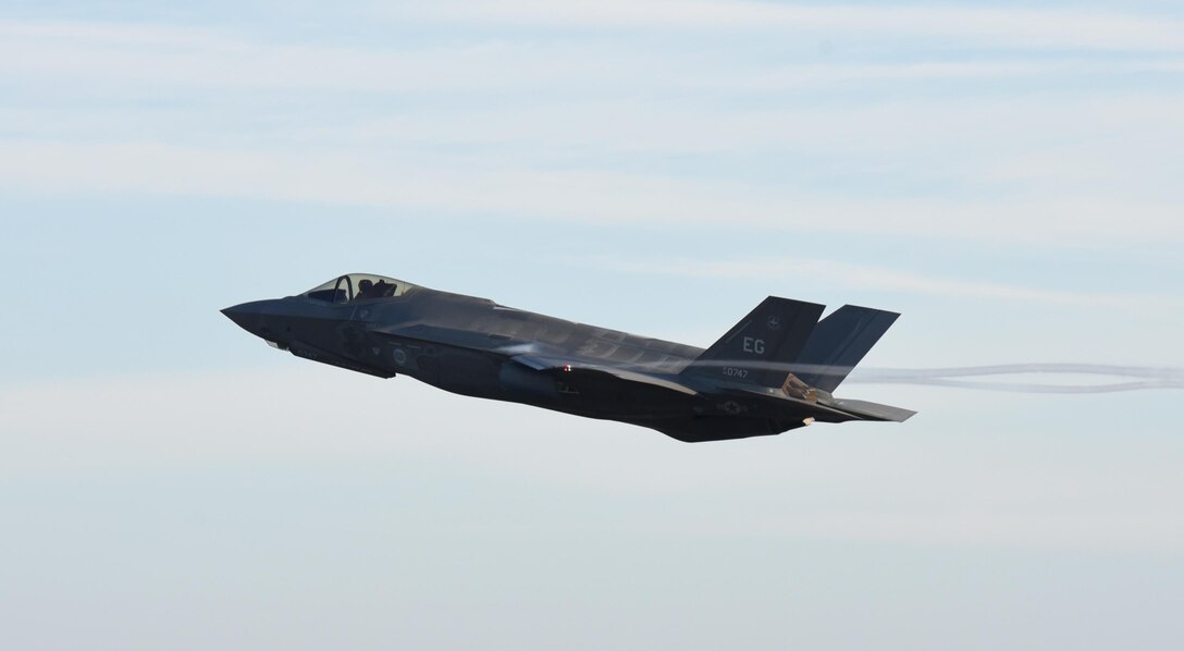 An F-35A Lightning II from Eglin Air Force Base, Fla., takes off during Checkered Flag 17-1 at Tyndall AFB, Fla., Dec. 8, 2016. In addition to the six F-35s working from Tyndall AFB’s ramp, six more launched from Eglin AFB each day acting primarily as aggressors against the coalition of fighters at Tyndall AFB. (U.S. Air Force photo/Staff Sgt. Alex Fox Echols III)