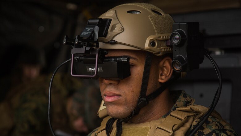 Lance Cpl. Jorge Brito uses the Augmented Immersive Team Trainer to locate virtual enemy tanks at Marine Corps Base Camp Lejeune, N.C., Dec. 13, 2016. The AITT is designed to be cost-effective by replacing actual training targets with virtual moving targets. Brito is a fire support Marine with 2nd Battalion, 10th Marine Regiment, 2nd Marine Division. 