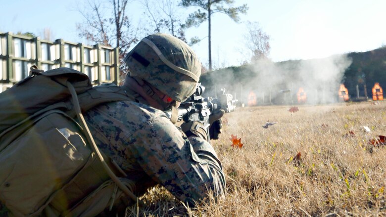 Sgt. Joshua Bucko battle sight zeros his weapon before conducting an Urban Assault Course during a deployment for training exercise at Fort Pickett, Va., Dec. 2, 2016.During the UAC, Marines performed clearing operations through different urban environments. Bucko is a motorman with Weapons Company, 3rd Battalion, 8th Marine Regiment.