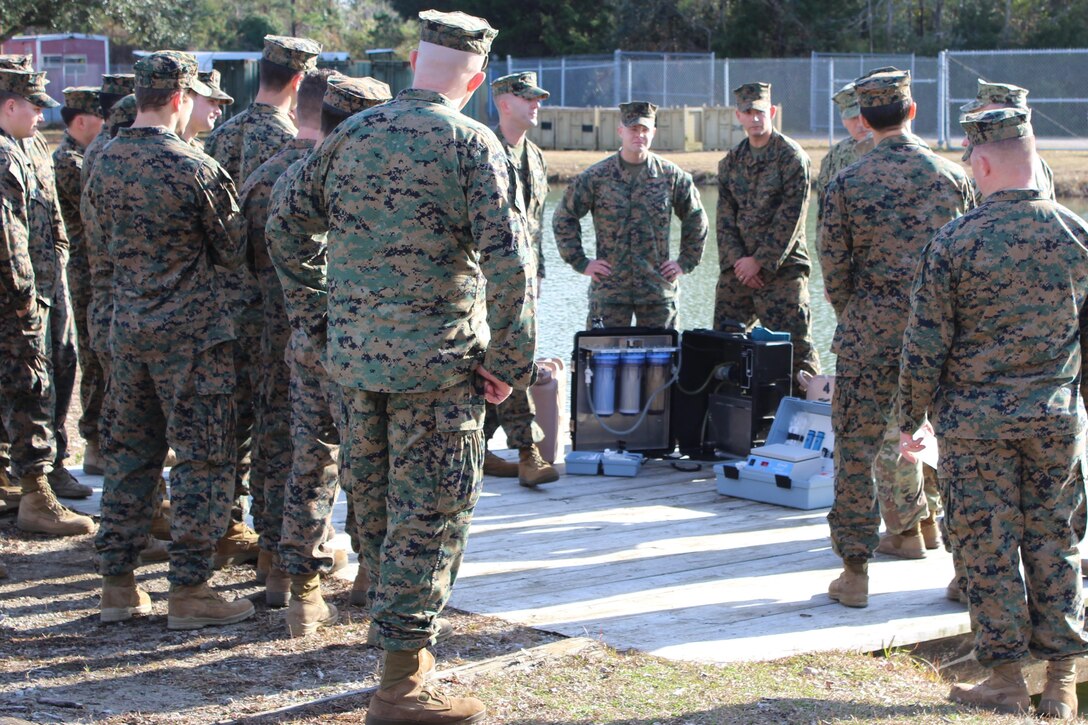 The Marine Corps Engineer School and U.S. Marine Corps Forces, Special Operations Command conducted a joint Small Unit Water Survivability and Sustainability Course at Courthouse Bay aboard Camp Lejeune, N.C., December 12, 2016.  In attendance were medical personnel from MARSOC, 2nd Reconnaissance Battalion, and the U.S. Army Special Operations Command.  The day-long training included classroom and practical application on how to conduct a water reconnaissance and effectively treat, store, and monitor safe potable water under austere deployment conditions unique to the Special Operations Command.  Attendees were provided hands-on training of small, mobile equipment capable of purifying sufficient quantities of natural water to meet the requirements of individual and team assets.  The course was collaboratively instructed by Marine Corps Engineer School, MARSOC Health Service Support/G4, and field water experts from the Navy and Marine Public Health Center and Army Public Health Center.  
