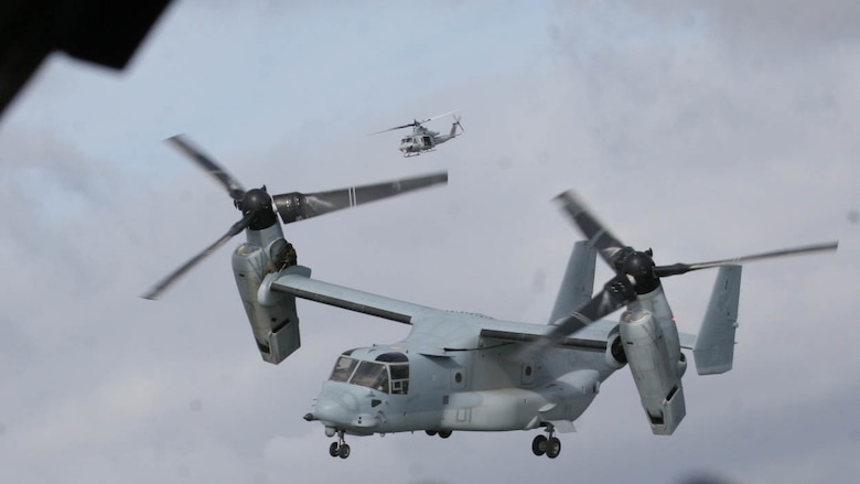 An MV-22B Osprey with Marine Medium Tiltrotor Squadron (VMM) 161 flies to a landing zone during tactical recovery of aircraft and personnel training at Marine Corps Base Camp Pendleton, Calif., Dec. 6. The training was conducted as a part of the squadron’s deployment for training at Creech Air Force Base. 