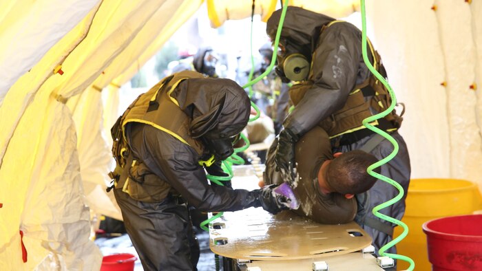 Marines and sailors with Chemical Biological Incident Response Force, CBIRF, conducted an Initial Reaction Force B certification exercise, CERTEX, at Naval Support Facility Dahlgren, Va., Dec. 13, 2016. This CERTEX evaluated all sections composing the IRF including identification and detection, technical rescue, decontamination, search and rescue/casualty extraction, medical, explosive ordnance disposal, as well as command and control. 