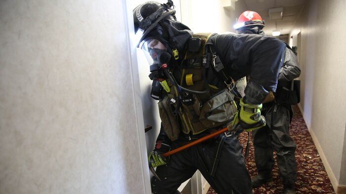 Marines and sailors with Chemical Biological Incident Response Force, CBIRF, conducted an Initial Reaction Force B certification exercise, CERTEX, at Naval Support Facility Dahlgren, Va., Dec. 13, 2016. This CERTEX evaluated all sections composing the IRF including identification and detection, technical rescue, decontamination, search and rescue/casualty extraction, medical, explosive ordnance disposal, as well as command and control.  