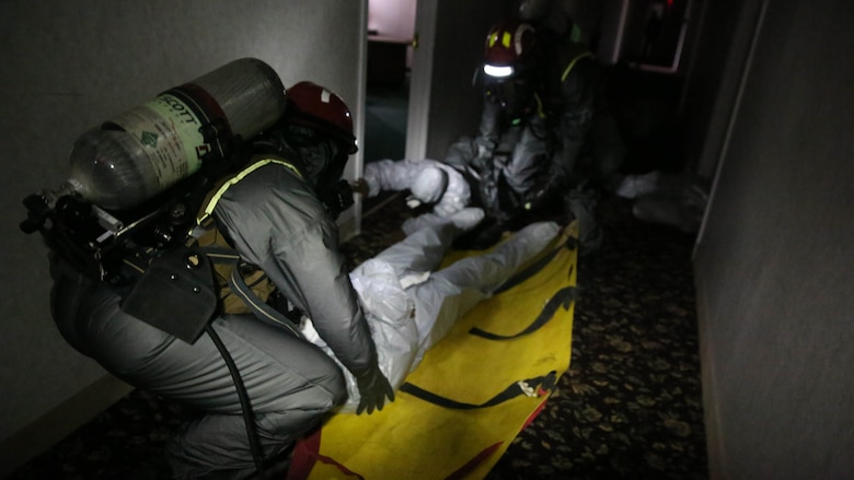 Marines and sailors with Chemical Biological Incident Response Force, CBIRF, conducted an Initial Reaction Force B certification exercise, CERTEX, at Naval Support Facility Dahlgren, Va., Dec. 13, 2016. This CERTEX evaluated all sections composing the IRF including identification and detection, technical rescue, decontamination, search and rescue/casualty extraction, medical, explosive ordnance disposal, as well as command and control.  