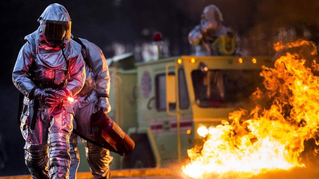 Marines conduct a controlled burn exercise at Marine Corps Air Station Beaufort, S.C., Dec. 13, 2016. The Marines with Expeditionary Firefighting Rescue conducted the training to prepare for and hone skills necessary to face real life scenarios. The training also served as an opportunity to strengthen camaradarie and enhance trust among the unit members. The Marines are with EFR, Headquarters and Headquarters Squadron.