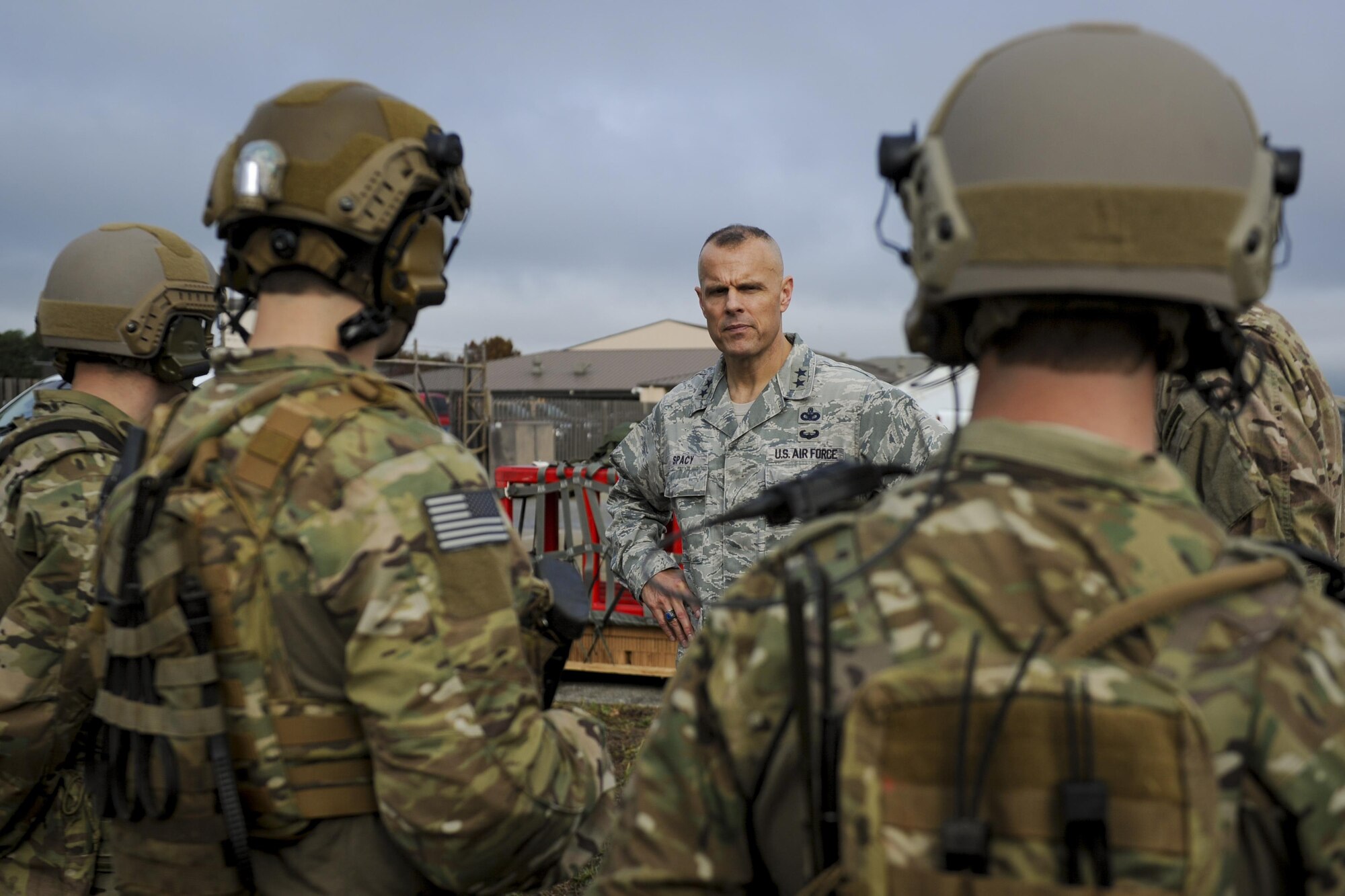 Maj. Gen. Bradley Spacy, the commander of the Air Force Installation and Mission Support Center, is briefed by Air Commandos on the capabilities of the Deployed Aircraft Ground Response Element at Hurlburt Field, Fla., Dec. 14, 2016. The DAGRE program trains Security Forces Air Commandos to perform special operation missions, such as providing security for Air Force Special Operations Command and Special Operations Forces aircraft that are transiting airfields where security is unknown or inadequate. (U.S. Air Force photo by Airman Dennis Spain)