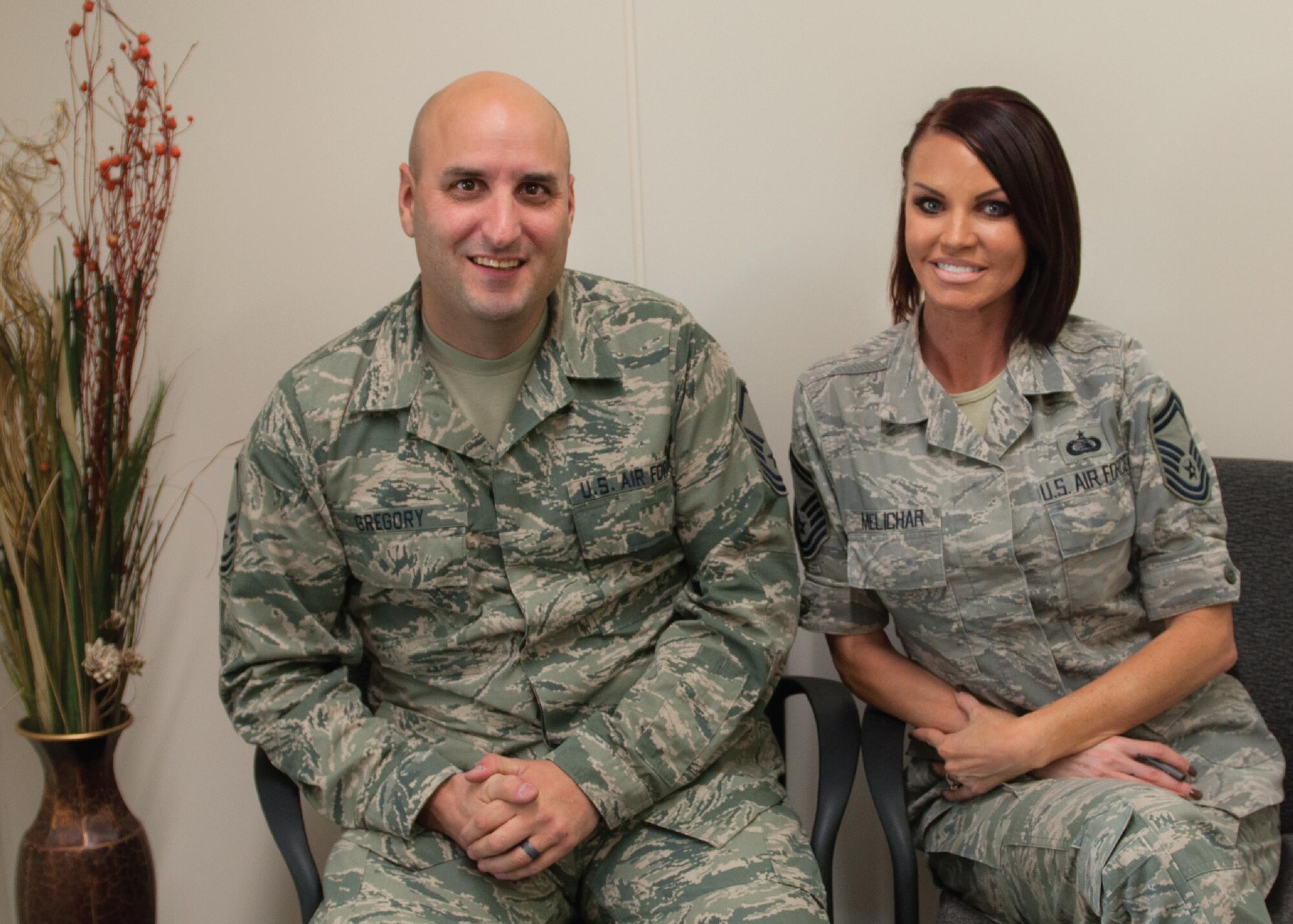 SCHRIEVER AIR FORCE BASE, Colo. -- Master Sgt. Marc Gregory and Senior Master Sgt. Melissa Melichar represent the in-service recruiting office for the 310th Space Wing on Tuesday, Dec. 13th, 2016. In-service recruiters provide insight to Airmen transitioning from Active Duty into the Air Force Reserve. (U.S. Air Force photo/Senior Airman Laura Turner)