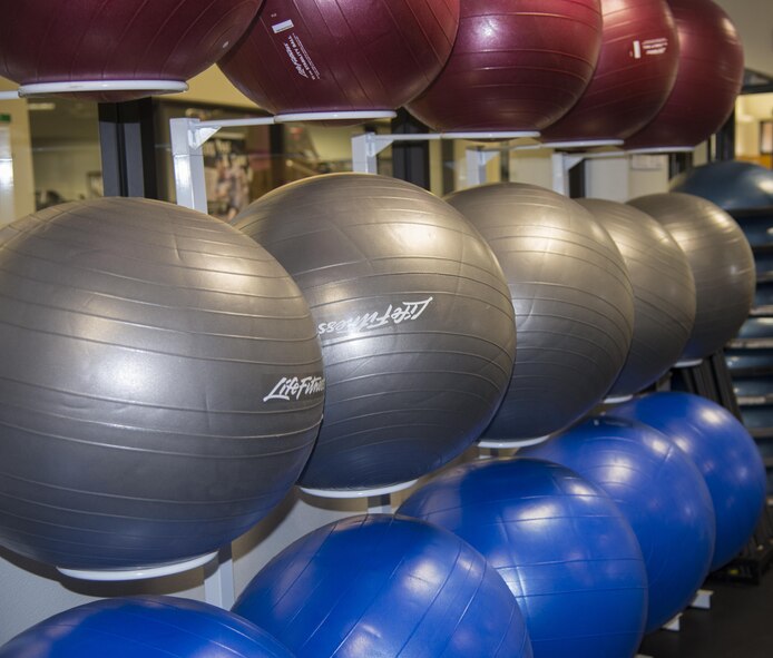 Exercise balls line the wall inside the Freedom 1 Fitness Center on base, Dec. 15, 2016, at Moody Air Force Base, Ga. The exercise balls were an additive to the fitness center’s equipment replacement. (U.S. Air Force photo by 2d Lt. Kaitlin Toner)