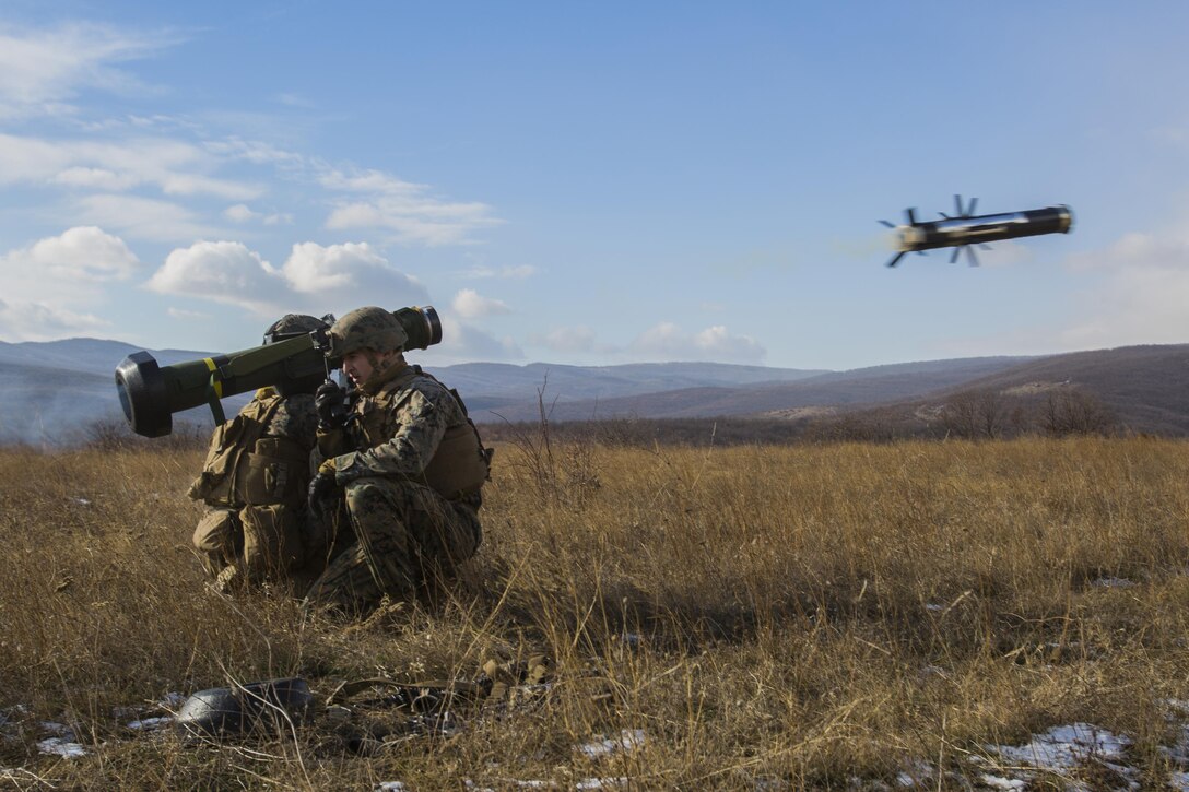 Marines fire the FGM-148 Javelin Missile during live-fire training for Platinum Lion, a training exercise at the Novo Selo Training Area, Bulgaria, Dec. 15, 2016. The exercise brought together eight NATO allies and partner nations to strengthen security and regional defenses in Eastern Europe. Marine Corps photo by Sgt. Michelle Reif