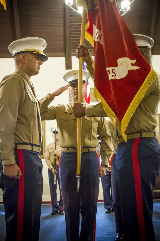 Marines with Recruiting Station Montgomery, Alabama conducted a change of command ceremony, Wednesday, December 14, 2016, aboard Maxwell Air Force Base, where Maj. Dwane Sims relinquished command to Maj. Christopher Cotton.  Along with the recruiters, station commanders, officer selection team and the command group, commanding officers from 6th Marine Corps District and the 6th Marine Corps District Commanding Officer, Col. Jeffrey Smitherman, were also in attendance. (U.S. Marine Corps photo by Cpl. Krista James/Released)