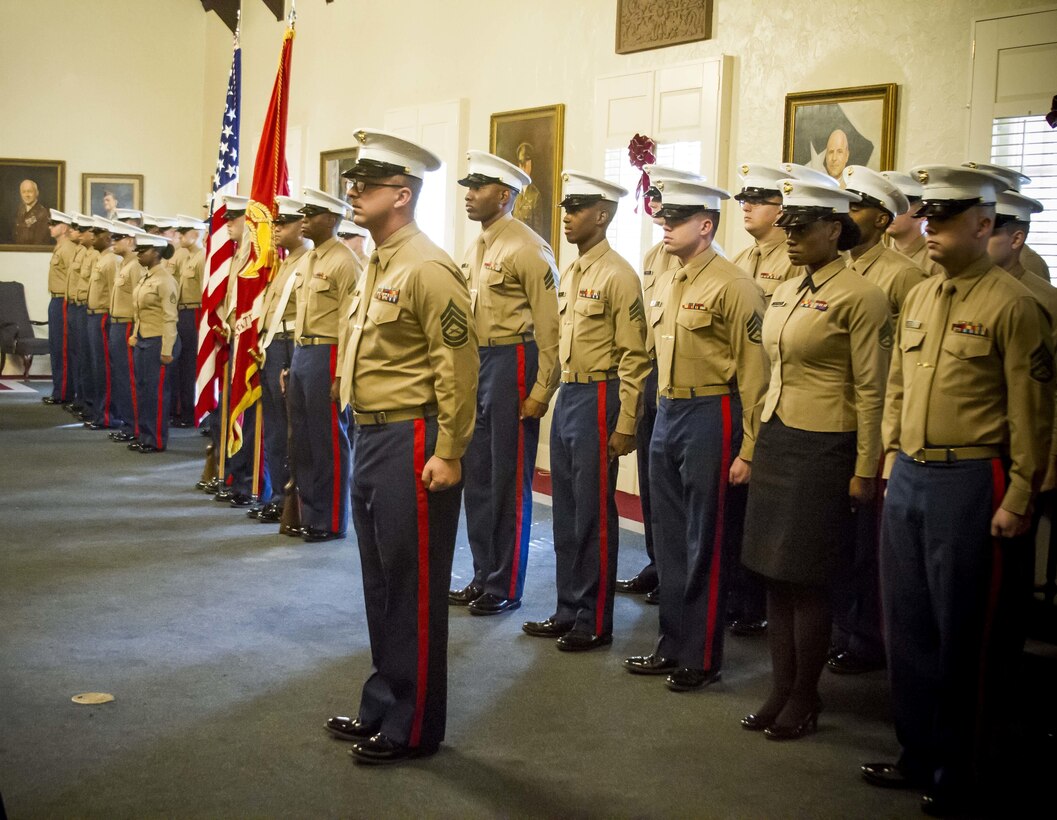 Marines with Recruiting Station Montgomery, Alabama conducted a change of command ceremony, Wednesday, December 14, 2016, aboard Maxwell Air Force Base, where Maj. Dwane Sims relinquished command to Maj. Christopher Cotton.  Along with the recruiters, station commanders, officer selection team and the command group, commanding officers from 6th Marine Corps District and the 6th Marine Corps District Commanding Officer, Col. Jeffrey Smitherman, were also in attendance. (U.S. Marine Corps photo by Cpl. Krista James/Released)