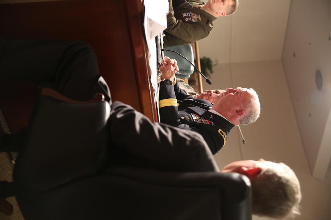 U.S. Army Maj. Gen. Les Carroll, commanding general of 	the 377th Theater Sustainment Command, shares his experiences in serving New Orleans during Military Appreciation Day at City Hall, New Orleans, Dec. 15, 2016. New Orleans Military Appreciation Day was started in 1992 by the Mayor's Military Advisory Council and local leaders to acknowledge local military service members, and to promote a closer relationship for state and federal agencies in Louisiana. (U.S. Marine Corps photo by Cpl. Devan Alonzo Barnett/Released)