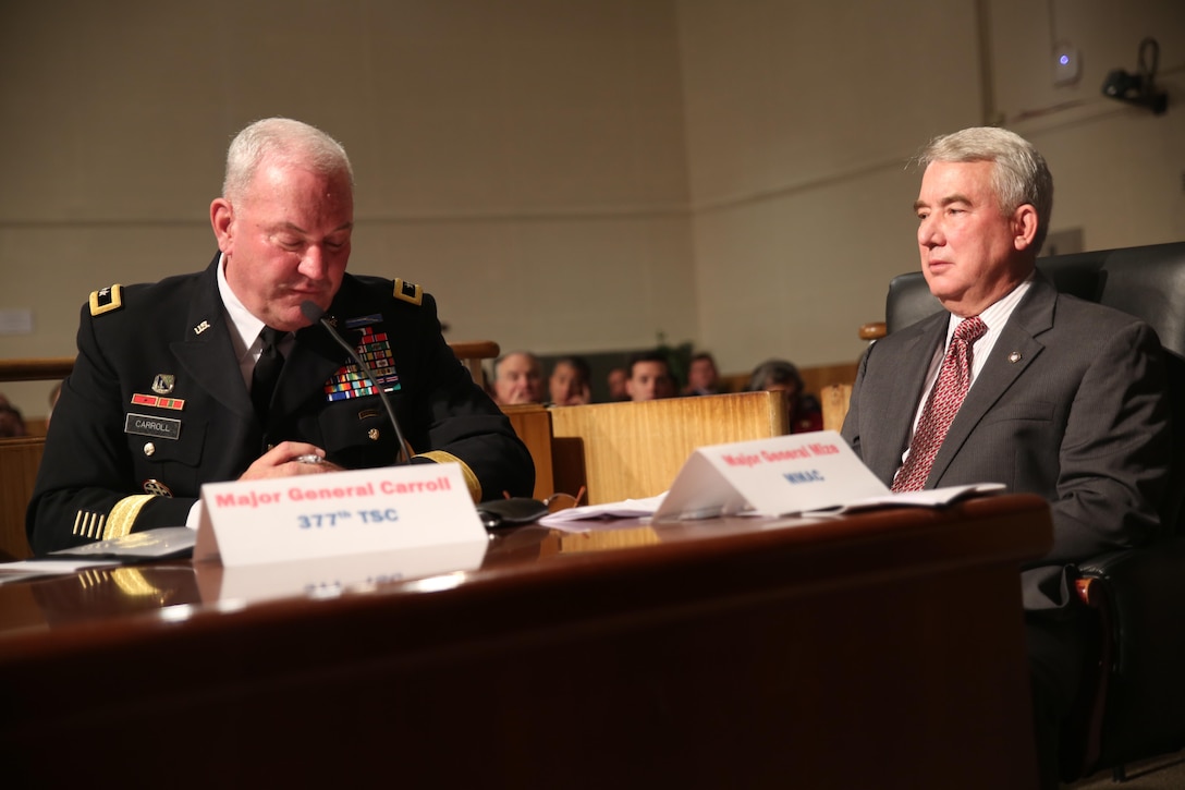 U.S. Army Maj. Gen. Les Carroll, commanding general of 	the 377th Theater Sustainment Command, and Retired U.S. Marine Corps Maj. Gen. David Mize, Chairman of the Mayor's Military Advisory Committee of New Orleans, participate in Military Appreciation Day at City Hall, New Orleans, Dec. 15, 2016. New Orleans Military Appreciation Day was started in 1992 by the Mayor's Military Advisory Council and local leaders to acknowledge local military service members, and to promote a closer relationship for state and federal agencies in Louisiana. (U.S. Marine Corps photo by Cpl. Devan Alonzo Barnett/Released)