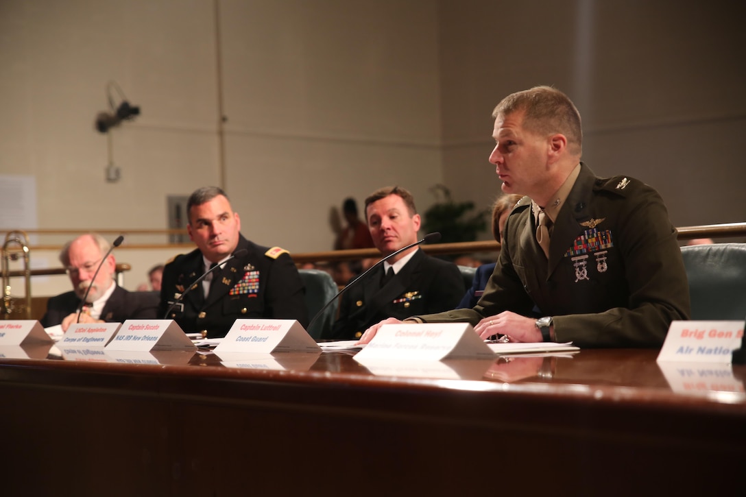 U.S. Marine Corps Col. Derrick R. Heyl, commanding officer of Headquarters Battalion, Marine Forces Reserve speaks to the New Orleans City Council during Military Appreciation Day at City Hall, New Orleans, Dec. 15, 2016. New Orleans Military Appreciation Day was started in 1992 by the Mayor's Military Advisory Council and local leaders to acknowledge local military service members, and to promote a closer relationship for state and federal agencies in Louisiana.  (U.S. Marine Corps photo by Cpl. Devan Alonzo Barnett/Released)