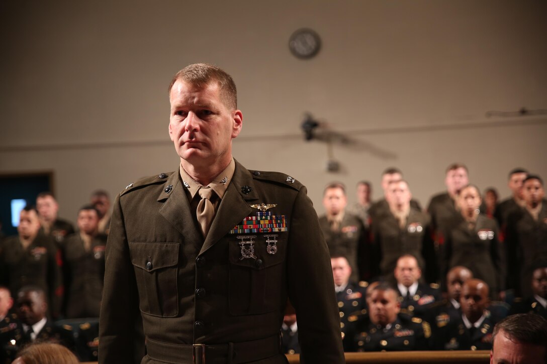 U.S. Marine Corps Col. Derrick R. Heyl, commanding officer of Headquarters Battalion, Marine Forces Reserve and Marines stationed in New Orleans stand for the Marines’ Hymn during Military Appreciation Day at City Hall in New Orleans, Dec. 15, 2016. New Orleans Military Appreciation Day was started in 1992 by the Mayor's Military Advisory Council and local leaders to acknowledge local military service members, and to promote a closer relationship for state and federal agencies in Louisiana.  (U.S. Marine Corps photo by Cpl. Devan Alonzo Barnett/Released)