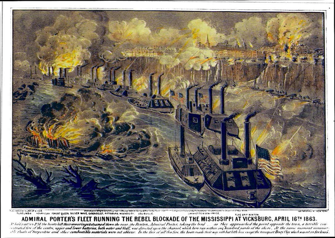 Rear Adm. David Dixon Porter led Union gunboats in a fiery run through the blockade at Vicksburg the night of April 16, 1863. The Union boats were headed south to support an attempted crossing at Grand Gulf.