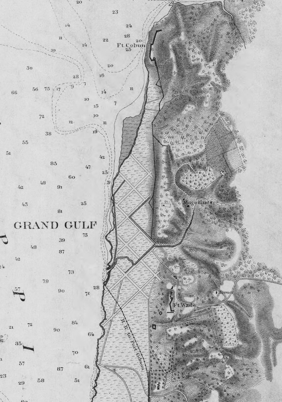 Two forts connected by a covered way guarded the landing at Grand Gulf: Forts Cobun and Wade, as seen in this detail of a U.S. Geological Survey map drawn in 1864. The full map is available from the Library of Congress: https://www.loc.gov/resource/g4042m.cw0270000/  