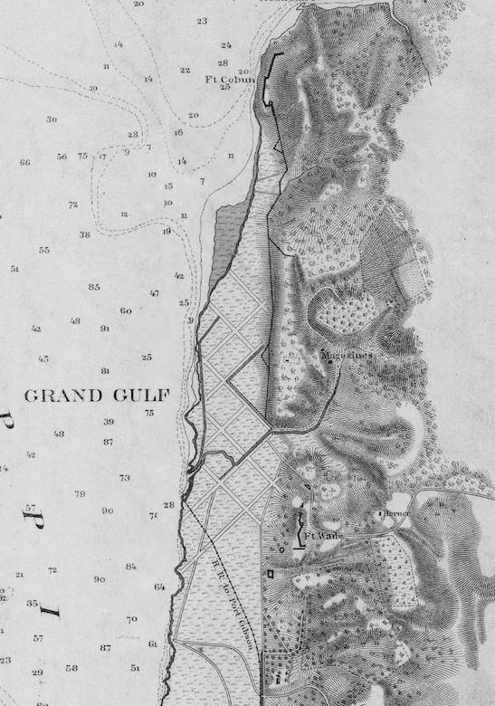 Two forts connected by a covered way guarded the landing at Grand Gulf: Forts Cobun and Wade, as seen in this detail of a U.S. Geological Survey map drawn in 1864. The full map is available from the Library of Congress: https://www.loc.gov/resource/g4042m.cw0270000/  