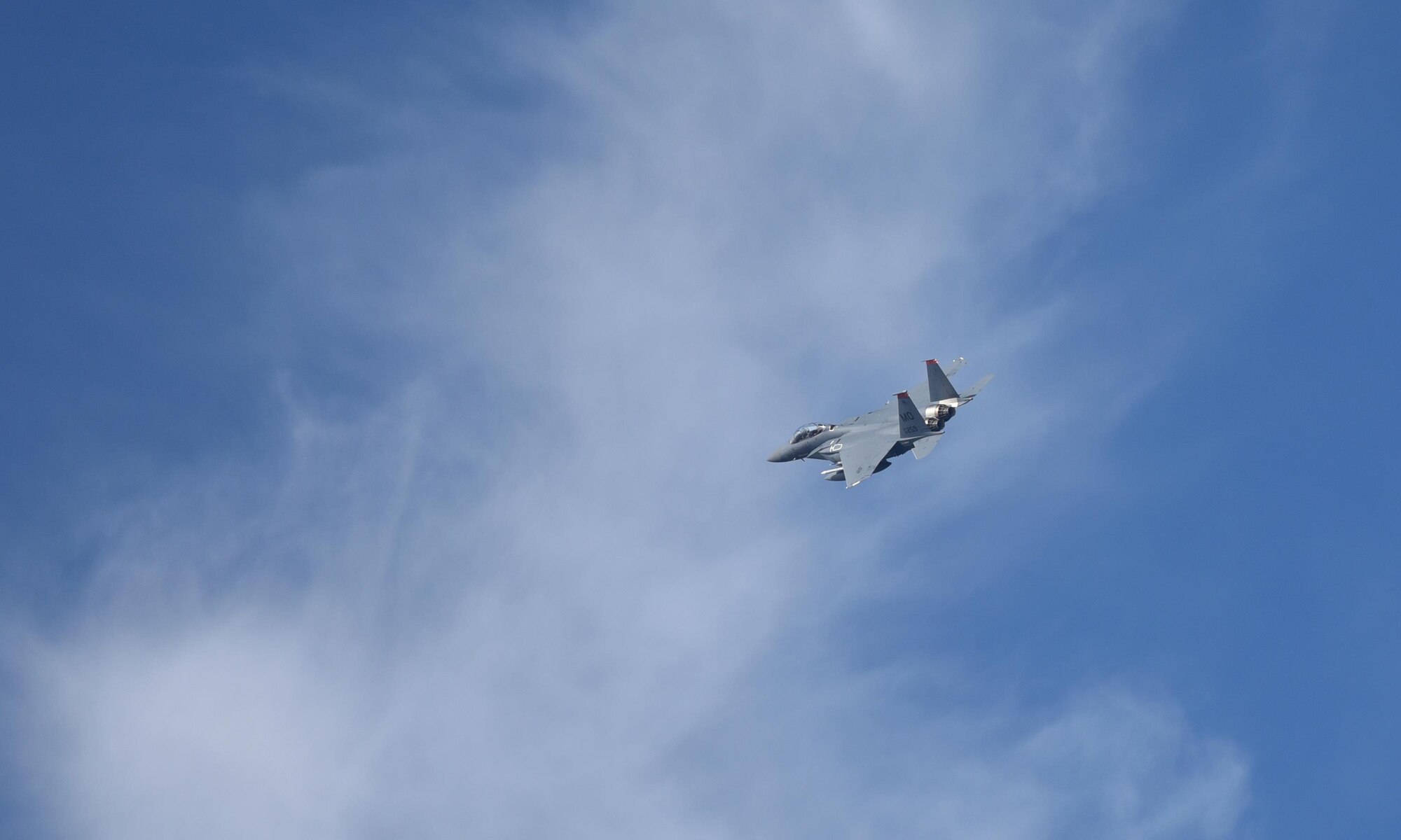 A U.S. Air Force F-15E Strike Eagle from Mountain Home Air Force Base, Idaho, flies during Checkered Flag 17-1 at Tyndall Air Force Base, Fla., Dec. 8, 2016. More than 300 Airmen and 16 F-15E deployed from Mountain Home AFB to participate in the large-force exercise, integrating with other fourth-generation aircraft as well as the F-22 Raptor and the F-35 Lightning II. (U.S. Air Force photo by Staff Sergeant Alex Fox Echols III/Released)