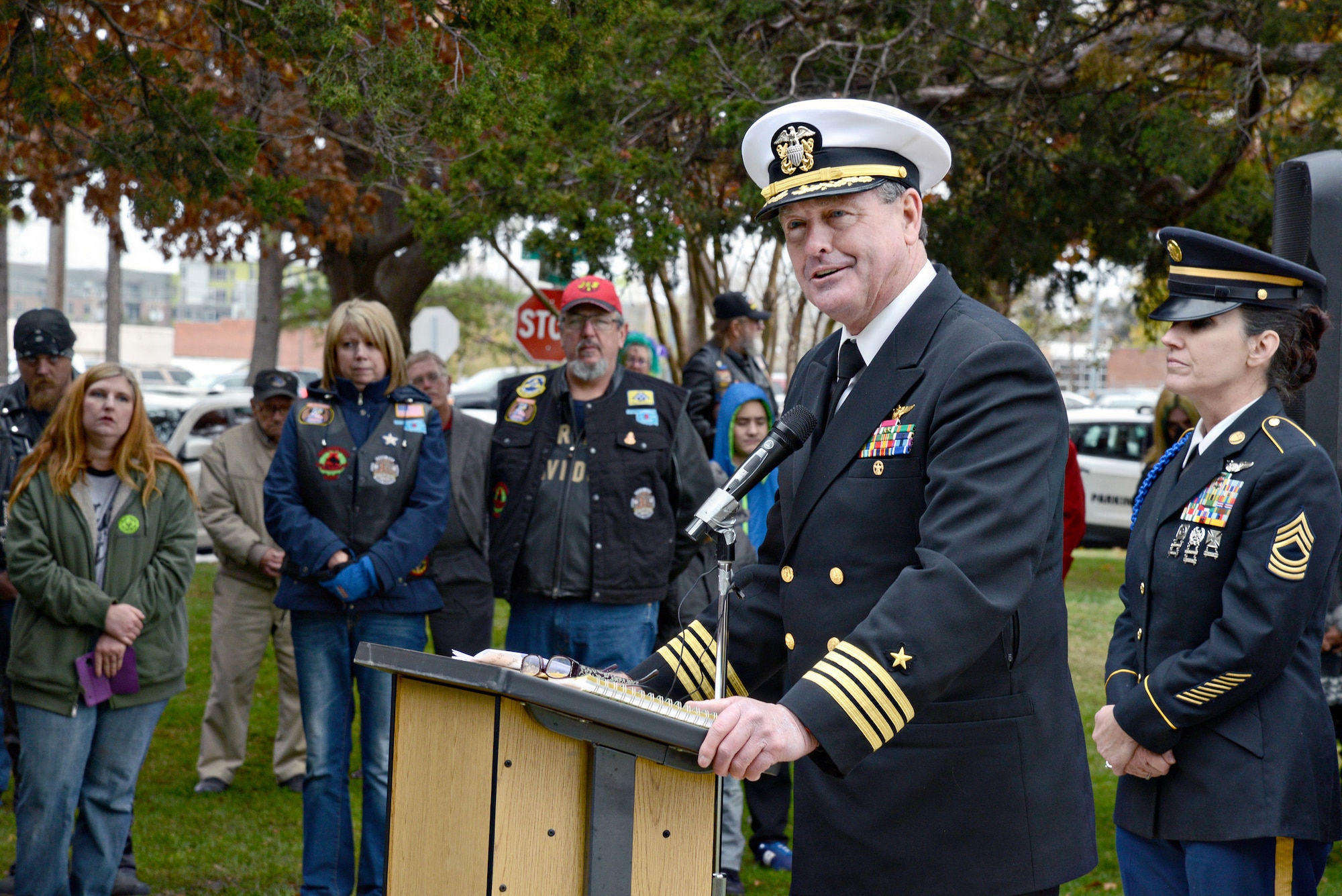 Capt. John “Irish” Keilty, retired and former Strategic Communications Wing ONE commander, was the guest speaker at the Pearl Harbor Remembrance Day ceremony Dec. 7 at NW 13th St. and Broadway Ave. in Oklahoma City where one of the USS Oklahoma’s anchors rests.  (Air Force photo by Kelly White)