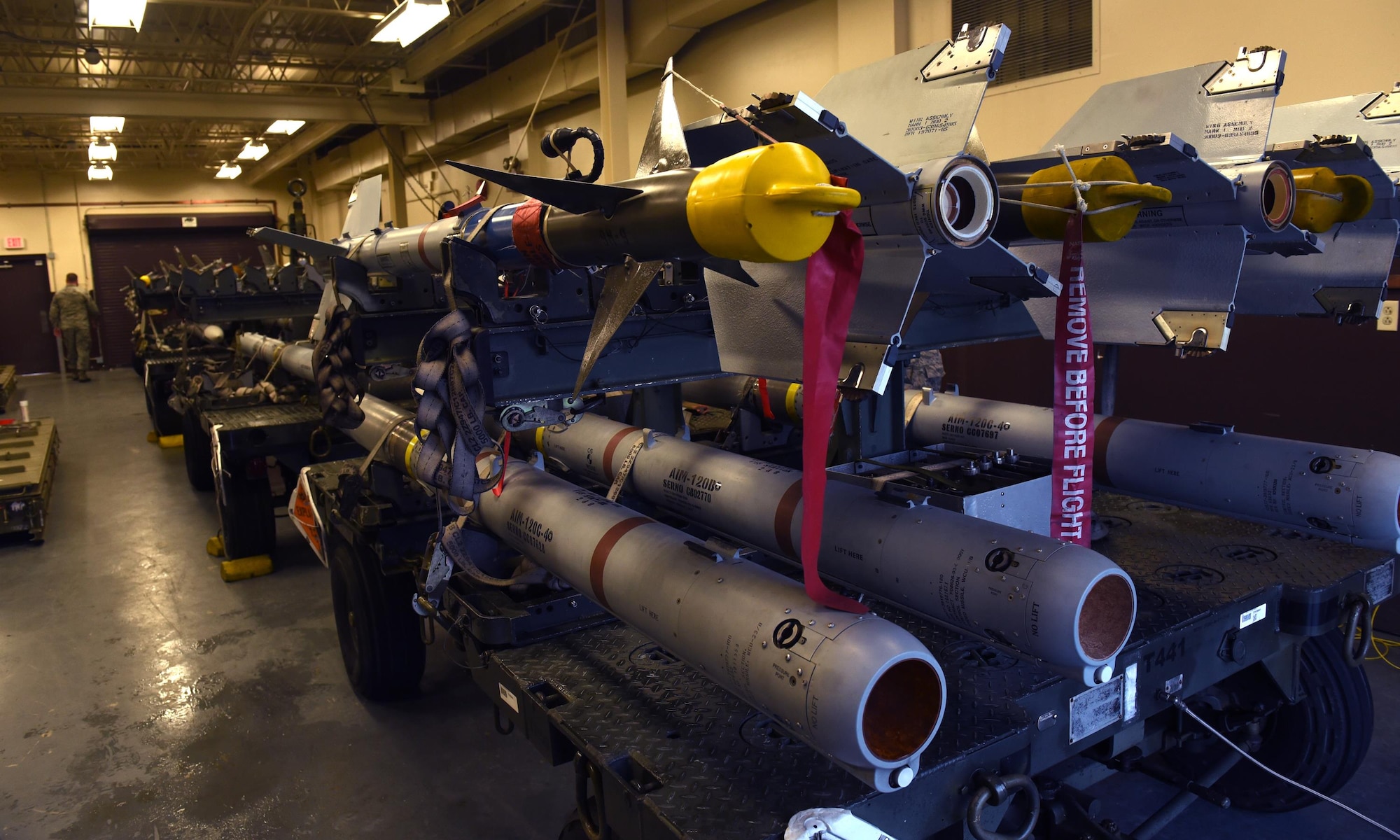 Racks of training missiles are stored in a holding area during Checkered Flag 17-1 and Combat Archer 17-3 at Tyndall Air Force Base, Fla., Dec. 14, 2016. Tyndall hosted the concurrent exercises to focus on large scale tactical integration of fifth-and fourth-generation aircraft, and to evaluate their ability to employ combat airpower assets. (U.S. Air Force photo by Airman 1st Class Cody R. Miller/Released)