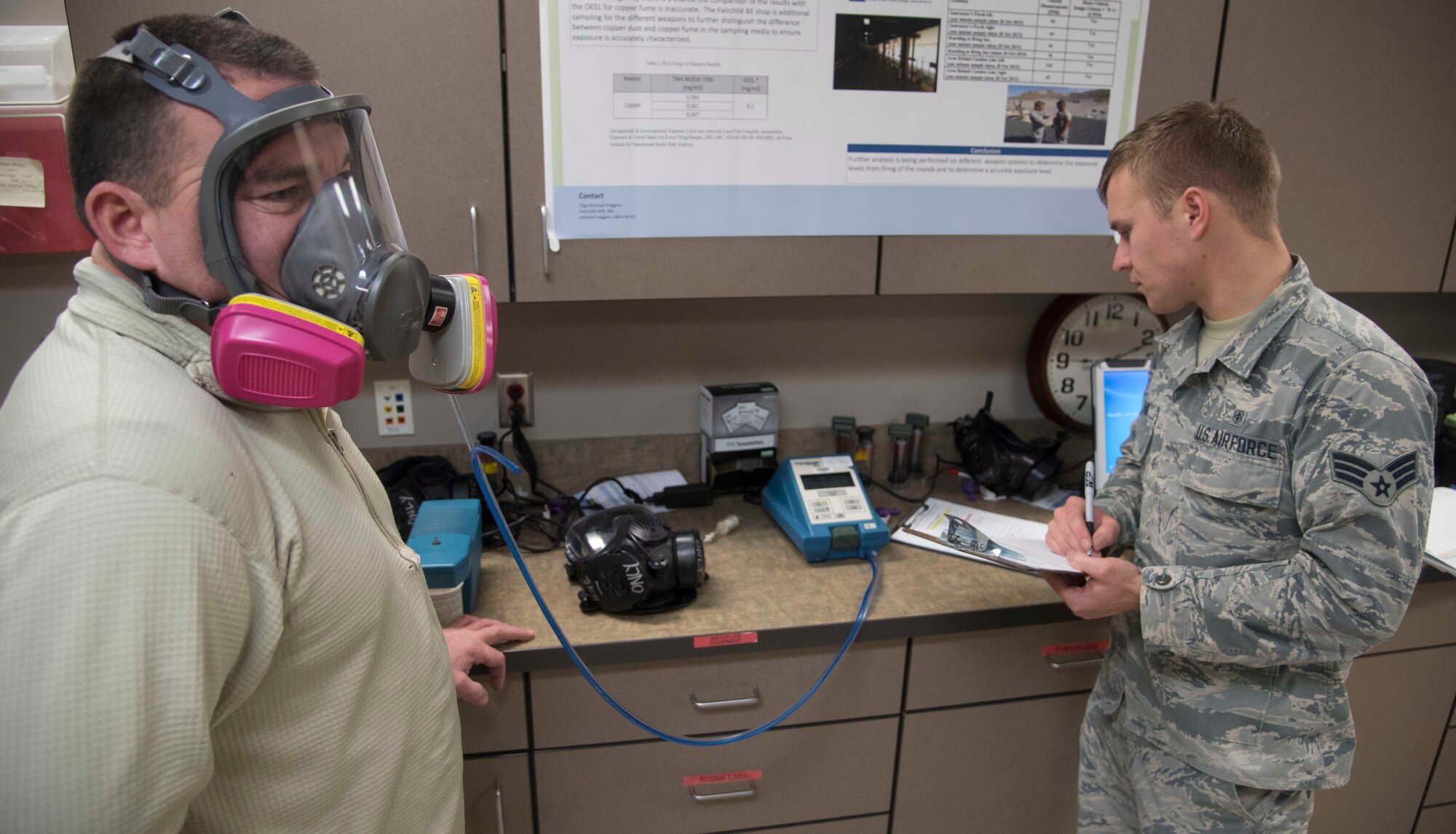 Senior Airman Ants Vahk (right), 92nd Aerospace Medicine Squadron bioenvironmental engineering journeyman performs a respirator fit test for Staff Sgt. Nathan Gilbert (left), 141st Maintenance Squadron metals technician, Dec. 7, 2016 at Fairchild Air Force Base, Washington. The test is performed by hooking up a respirator to a machine called a Porta Count. One hose connects to the mask and takes account for the atmosphere within the mask, while a second hose takes in a sample from the surrounding environment that is outside the mask. The machines performs a calculation based on how many particles are outside the mask versus how many are leaking inside the mask and determines if the mask is being effective. (U.S. Air Force photo/Senior Airman Nick J. Daniello)
