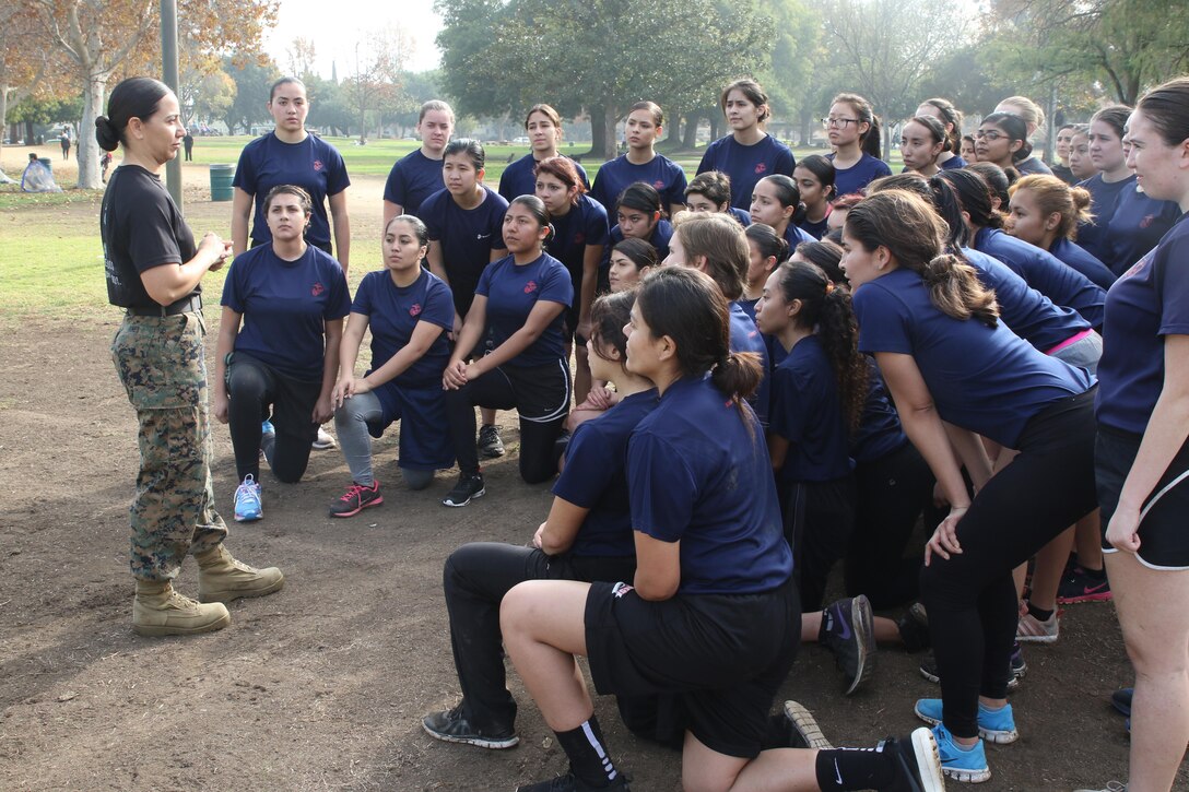 Recruiting Station Los Angeles Commanding Officer, Maj. Aixa R. Dones, speaks to future Marines after their interactions with drill instructors and conducting an Initial Strength Test during a female future Marine function for Recruiting Station Los Angeles at Sherman Oaks Recreation Park, Dec. 10, 2016. (U.S. Marine Corps photo by Staff Sgt. Alicia R. Leaders/Released)