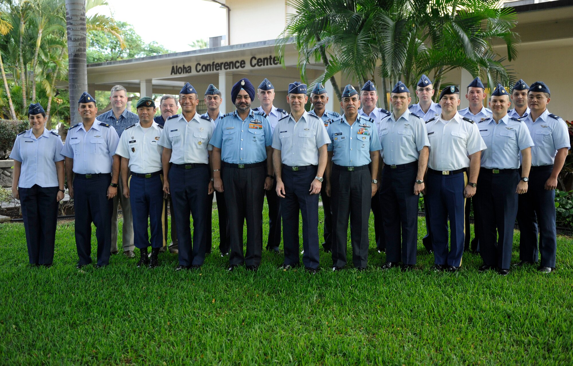 Members of the 20th Executive Steering Group pose for a photo, 13 Dec. 2016, in front of the Aloha Conference Center. Senior military leaders from the Indian Air Force and the U.S. Air Force held an executive steering group meeting to discuss operational concepts and chart the way ahead for future training exchanges and exercises between both militaries. (U.S. Air Force photo by Master Sgt. George Maddon)