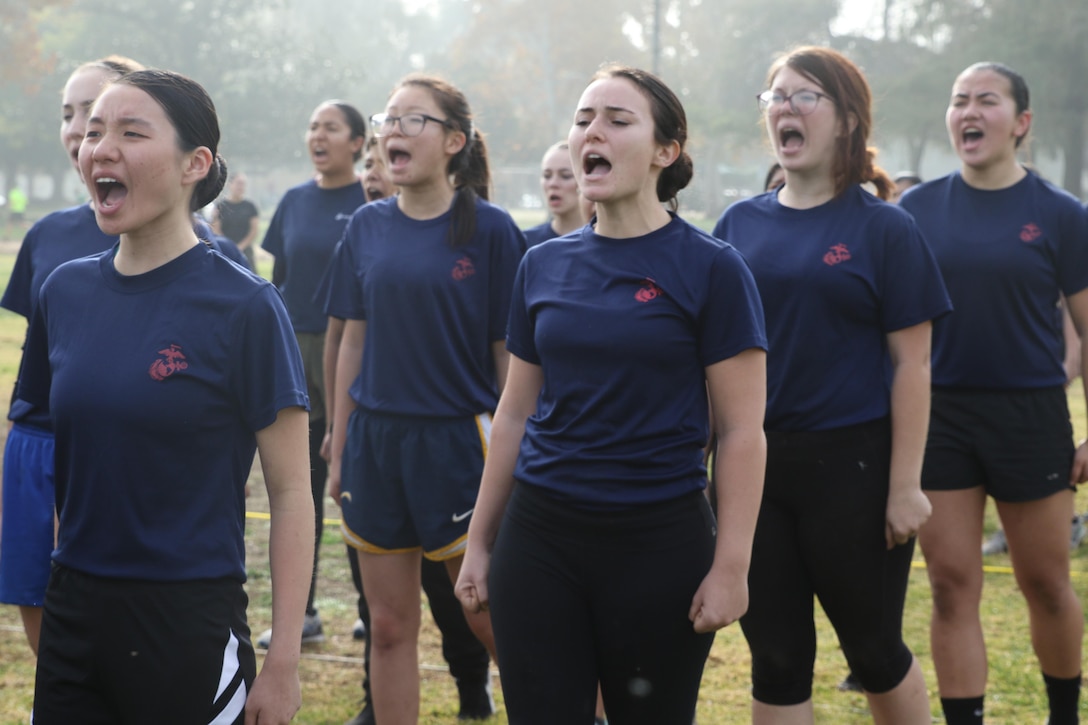 Future Marines respond to a drill instructor’s commands while learning close-order drill during a female future Marine function for Recruiting Station Los Angeles at Sherman Oaks Recreation Park, Dec. 10, 2016. (U.S. Marine Corps photo by Staff Sgt. Alicia R. Leaders/Released)