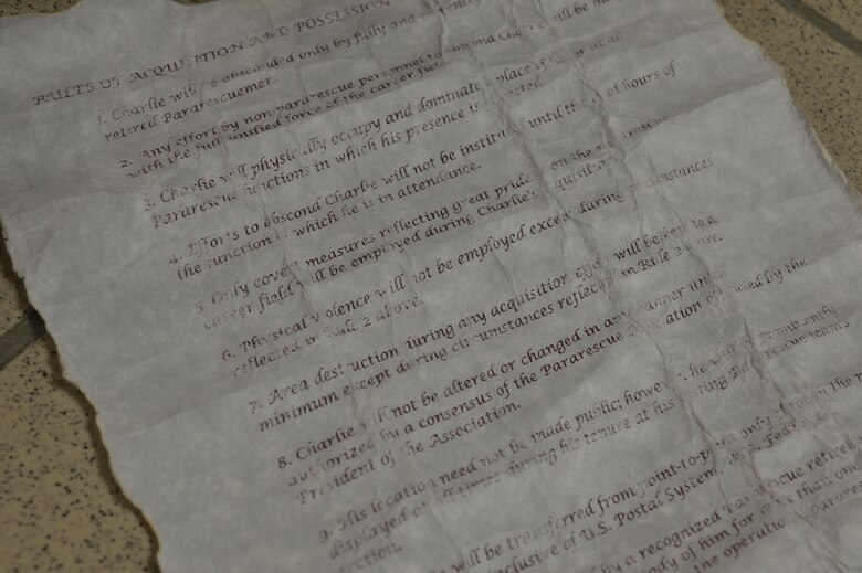 "Charlie" the PJ maintains a list of rules of acquisition and possession to be followed by units desiring to take him from his present location. The first two rules establish that Charlie will be absconded only by fully- and currently-qualified or retired PJs, and that any effort by non-pararescue personnel to abscond Charlie will be met with the full, unified force of the career field. (U.S. Air Force photo/Master Sgt. Eric Burks)