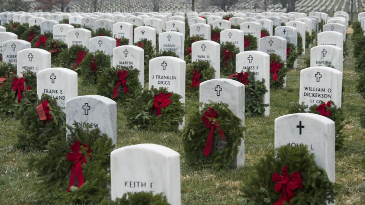 Thousands of wreaths adorn the headstones of fallen service members following the Wreaths Across America event at Arlington National Cemetery, Arlington, Va., Dec. 17, 2016. Army photo by Rachel Larue