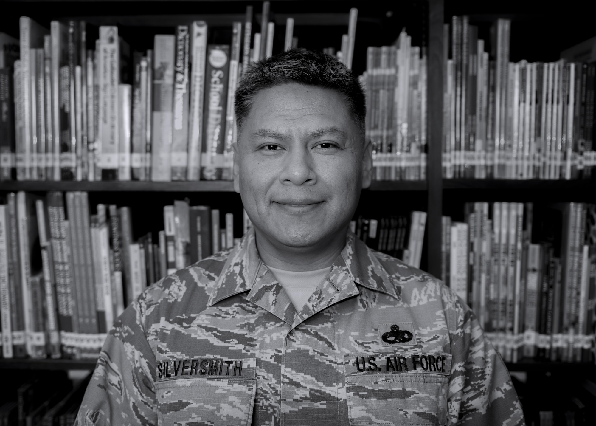 Master Sgt. Edward M. Silversmith, 374th Maintenance Squadron flight chief, poses for a photo at Mendel Elementary School on Nov. 30, 2016, at Yokota Air Base, Japan. Silversmith organized National American Indian Heritage Month events for the elementary schools on Yokota. (U.S. Air Force photo by Airman 1st Class Donald Hudson)