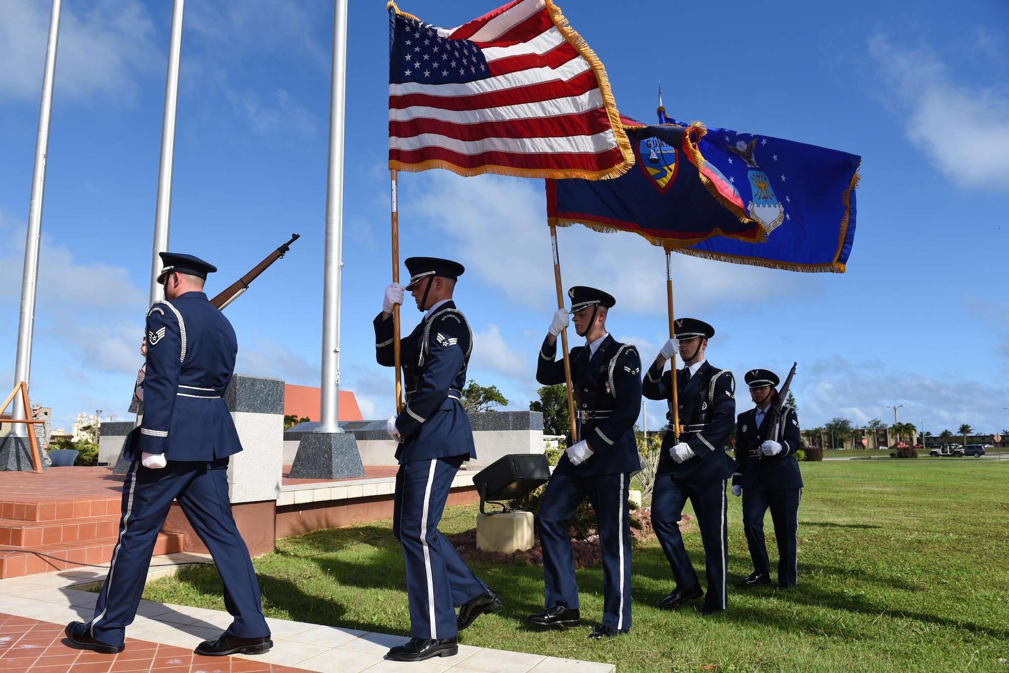 The Andersen Air Force Base Honor Guard presents the colors during the Operation Linebacker II Remembrance Ceremony Dec. 16, 2016, at Andersen Air Force Base, Guam. A ceremony is held annually to remember the 11-day operation and to honor the sacrifices the Airmen made. (U.S. Air Force photo/Airman 1st Class Jacob Skovo)